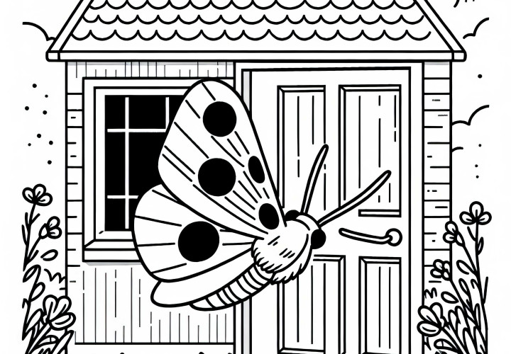 Fjærmott svever forbi huset – gratis fargeleggingsmal