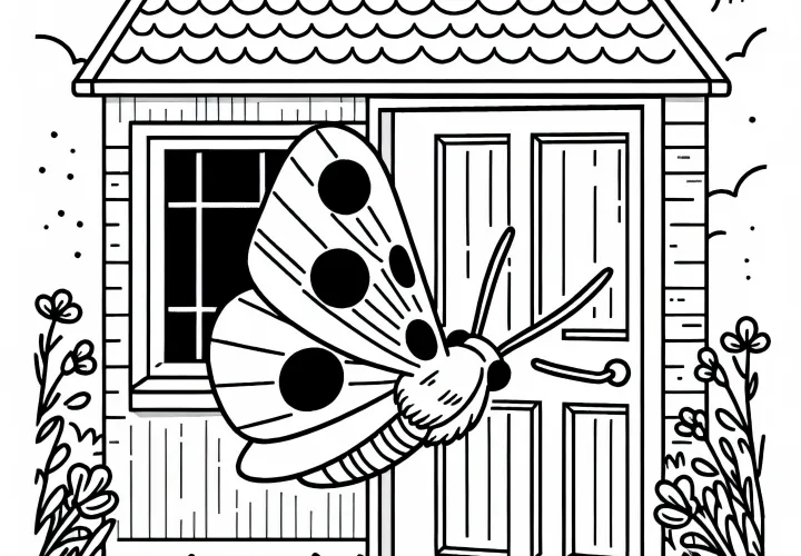 Мотылёк порхает перед домом – Бесплатная раскраска