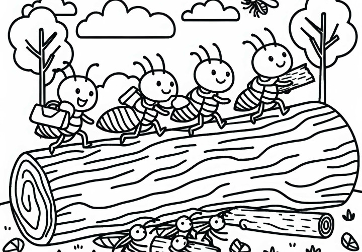 A termite trail runs over a tree trunk - coloring page for free