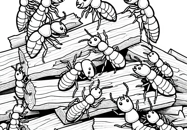 Grupo de cupins desintegra a madeira em pequenas lascas - imagem para colorir grátis