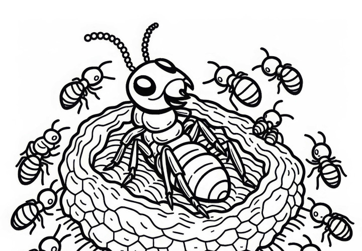 The termite queen sits in her mound surrounded by small workers - free coloring page