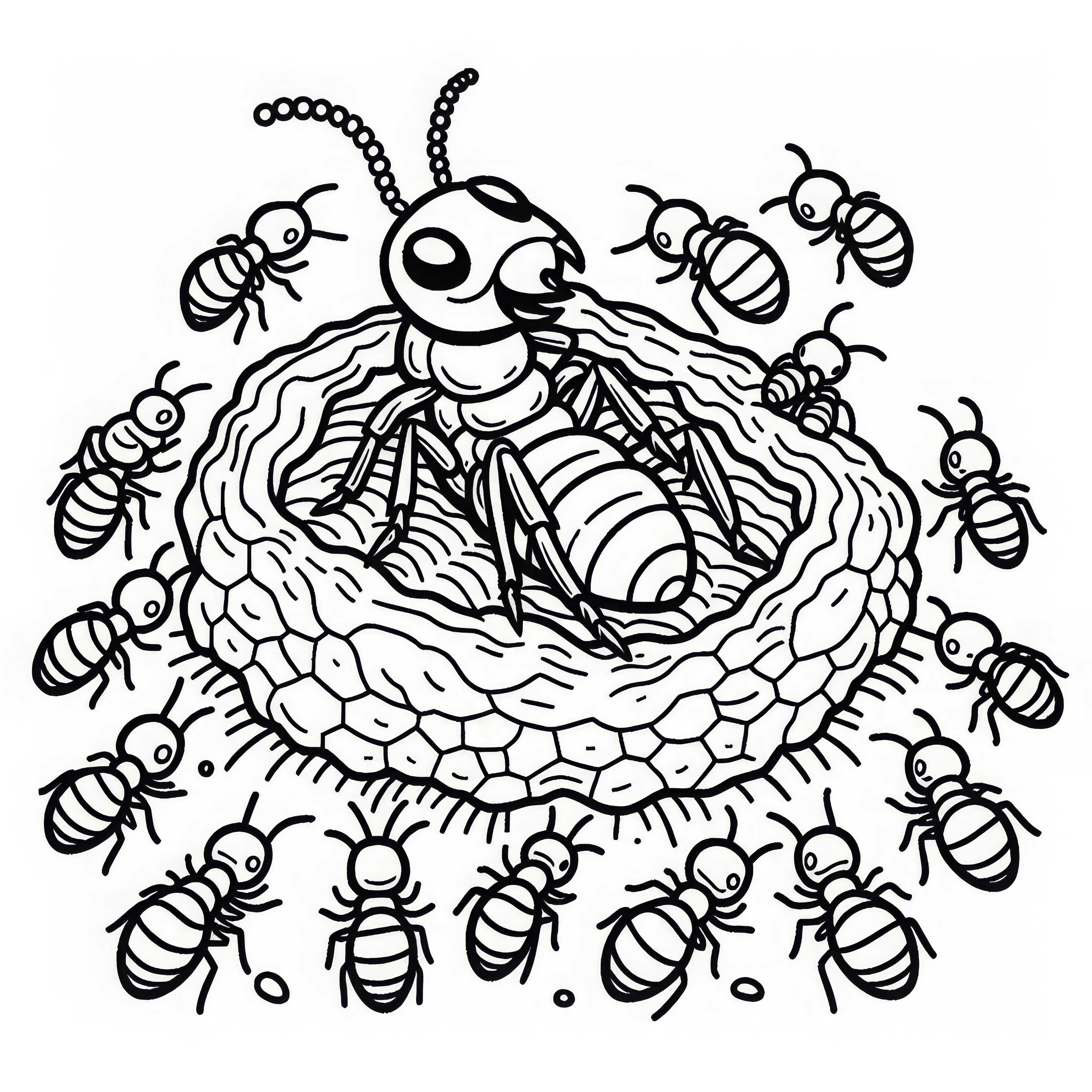 The termite queen sits in her nest surrounded by little workers - coloring page free of charge The termite queen sits in her nest surrounded by small workers – Free coloring page