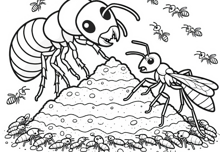 Termites defend their mound against ant attacks - Free coloring page