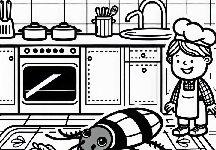 Cockroach crawls across the floor of a kitchen - Free coloring page