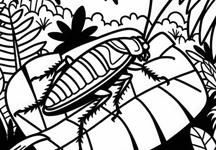 Cockroach sitting on a leaf in the tropical rainforest - free coloring page