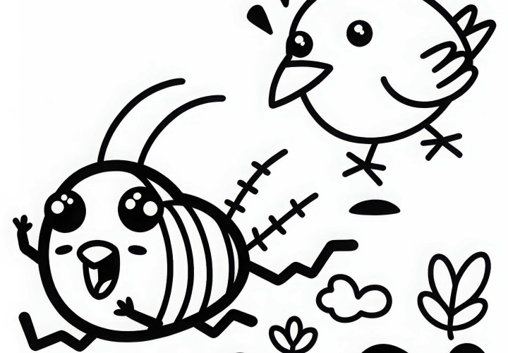 Cockroach runs quickly across the floor while a bird watches it – Coloring page for download