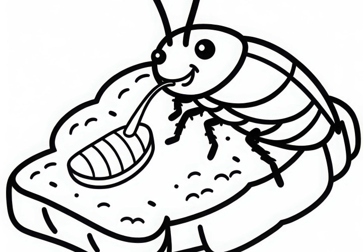 A cockroach is sitting on a piece of bread and nibbling on it - Free coloring page