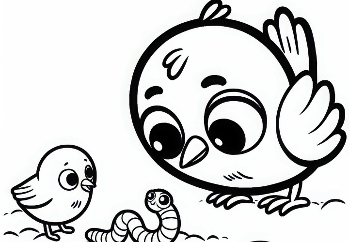 Дождевой червь под наблюдением птиц: Бесплатная раскраска