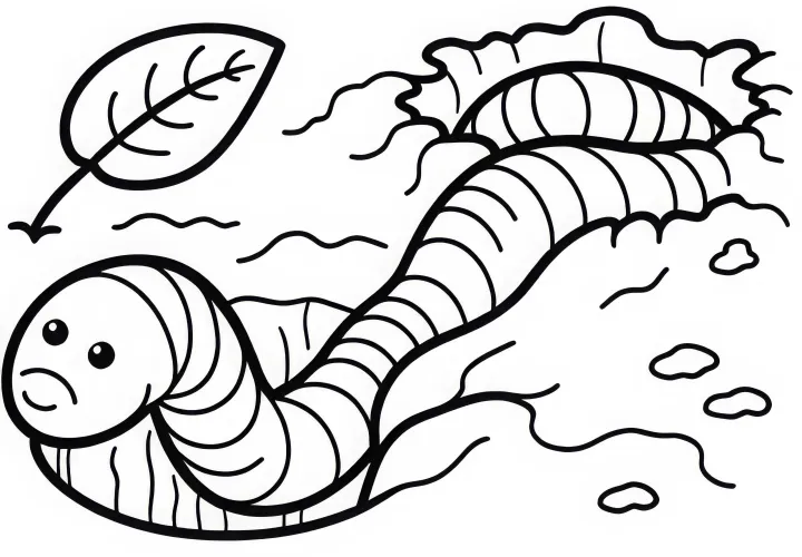 Дождевой червь извивается через землянку: Раскраска для скачивания (Бесплатно)