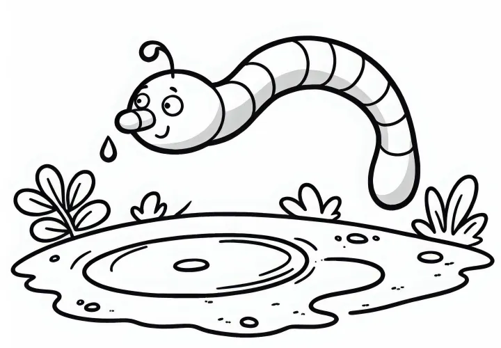 Дождевой червь в лужице: Раскраска для скачивания (бесплатно)