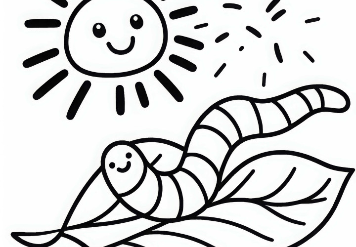 Regenorm på et blad med sol: Fargeleggingsbilde til nedlasting (Gratis)