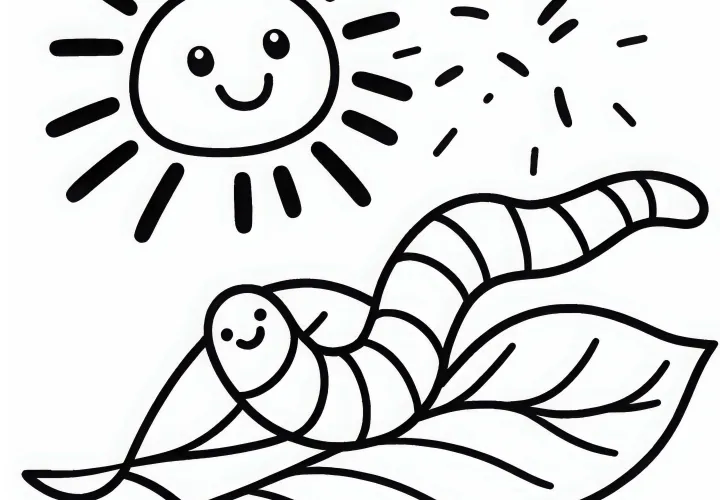 Дождевой червь на листе под солнцем: Раскраска для загрузки (Бесплатно)