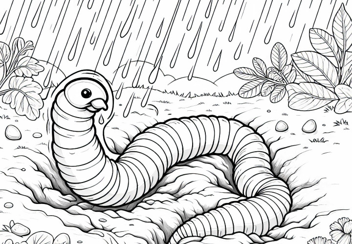 Regnorm kommer opp av jorden etter regn: Detaljert malemal (Gratis)