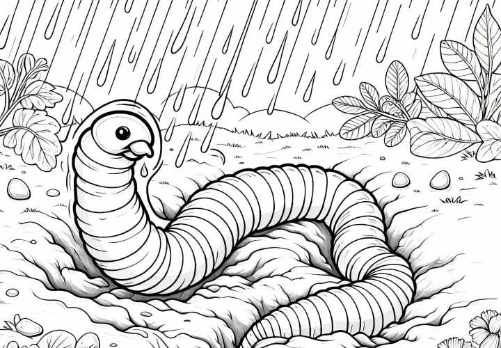 Дождевой червь выходит из земли после дождя: детализированная раскраска (бесплатно)