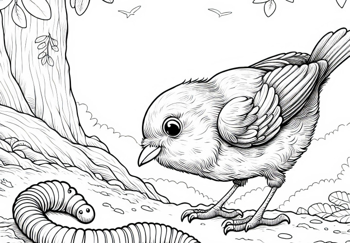 Червь с птицей: Раскраска для скачивания (Бесплатно)