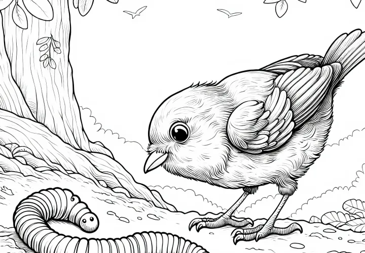 Червь с птицей: Раскраска для скачивания (Бесплатно)