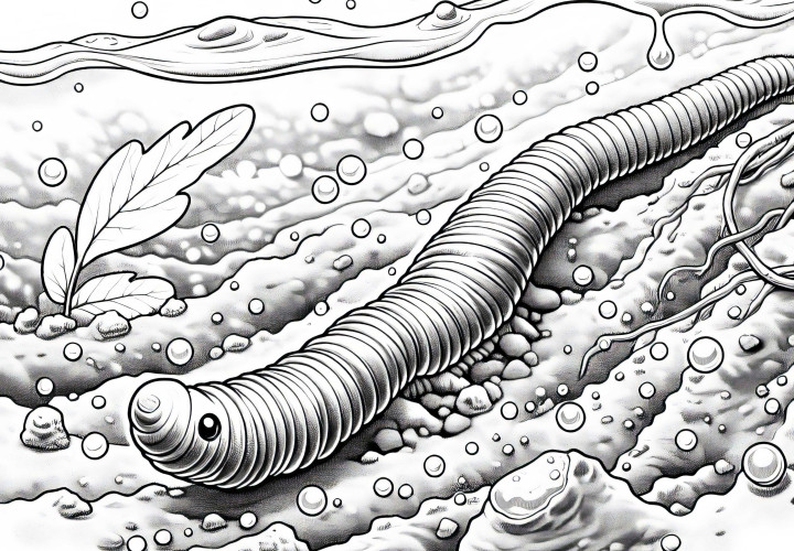 Дождевой червь в влажной почве: Раскраска для скачивания (бесплатно)