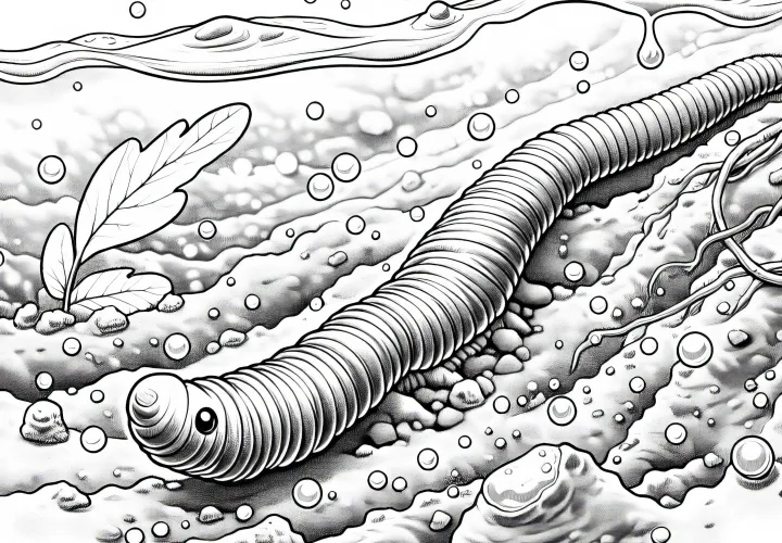Дождевой червь в влажной почве: Раскраска для скачивания (бесплатно)