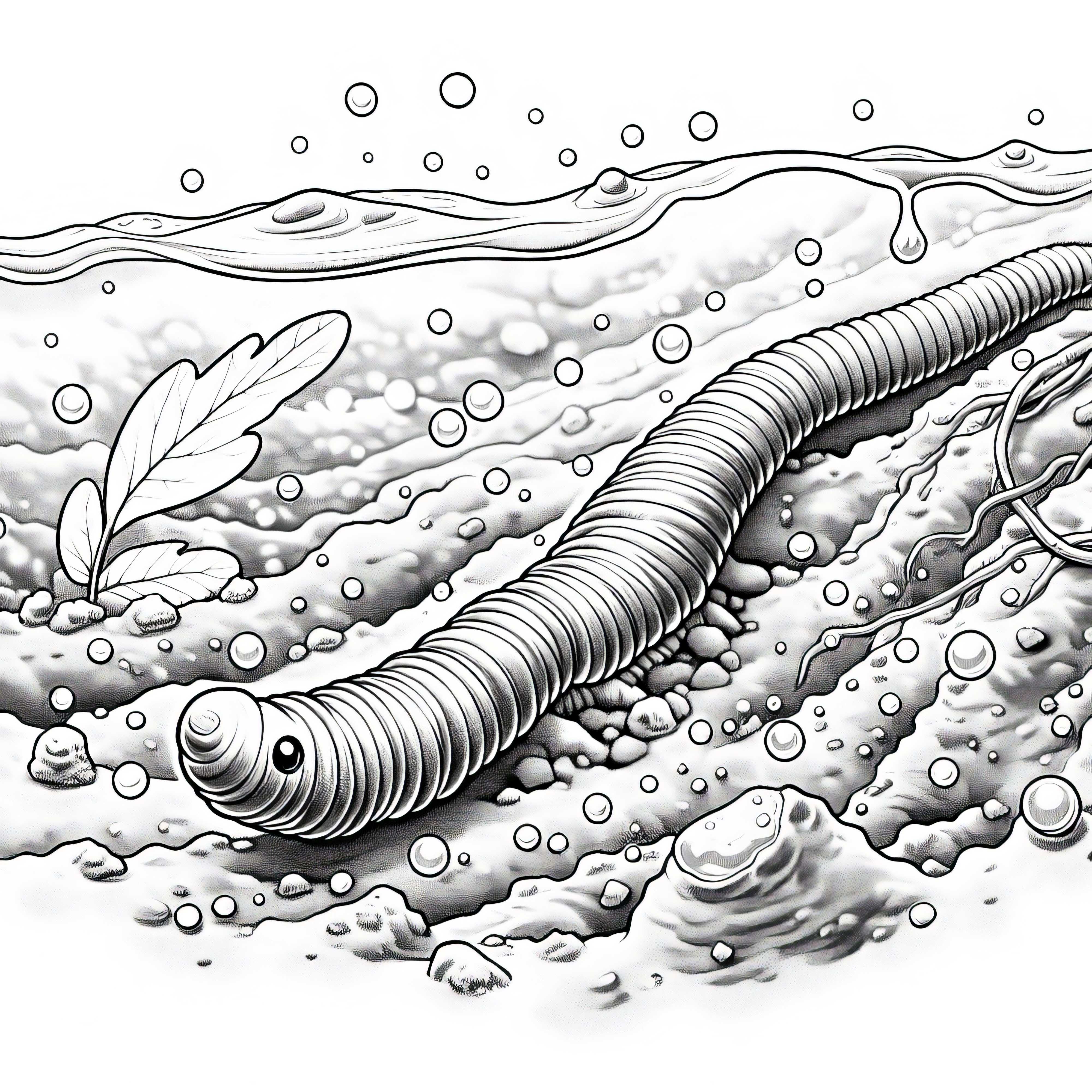 젖은 땅 속의 지렁이: 다운로드할 수 있는 색칠 그림 (무료)