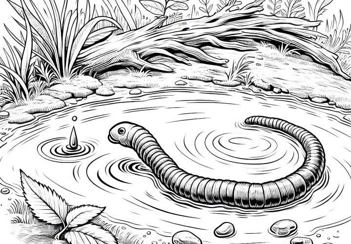 Червяк в лужице: Бесплатная раскраска