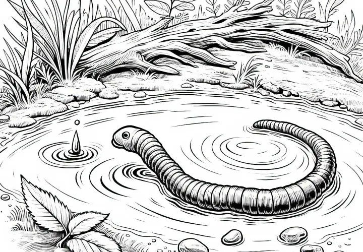 Червяк в лужице: Бесплатная раскраска