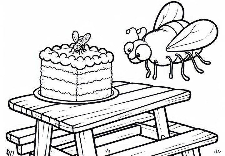 Flue med kage på picnicbord: Malebillede til download (Gratis)