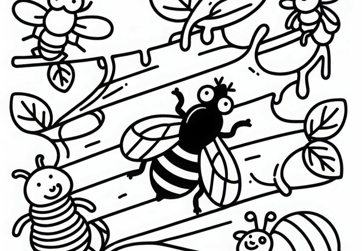 Fliege mit anderen Insekten auf Klebestreifen: Malvorlage zum Download (Kostenlos)