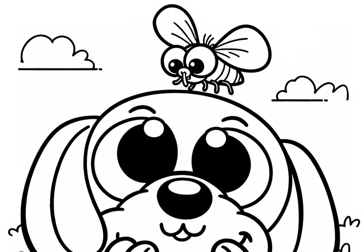 Fliege auf einem Hund: Ausmalbild zum Herunterladen (Kostenlos)
