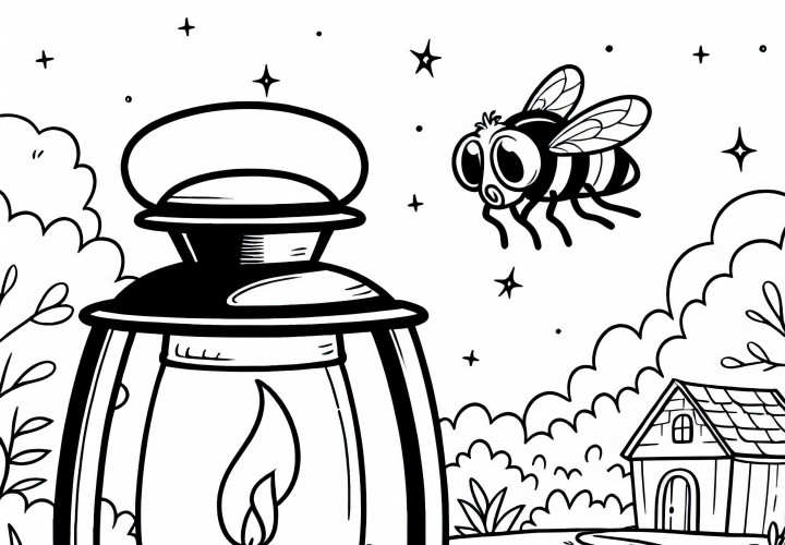 Fliege fliegt um Laterne: Malvorlage zum Herunterladen (Gratis)