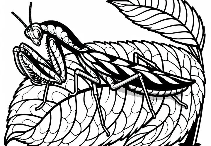 Imádkozó sáska ül a levélen és álcázza magát - Ingyenes színezőminta