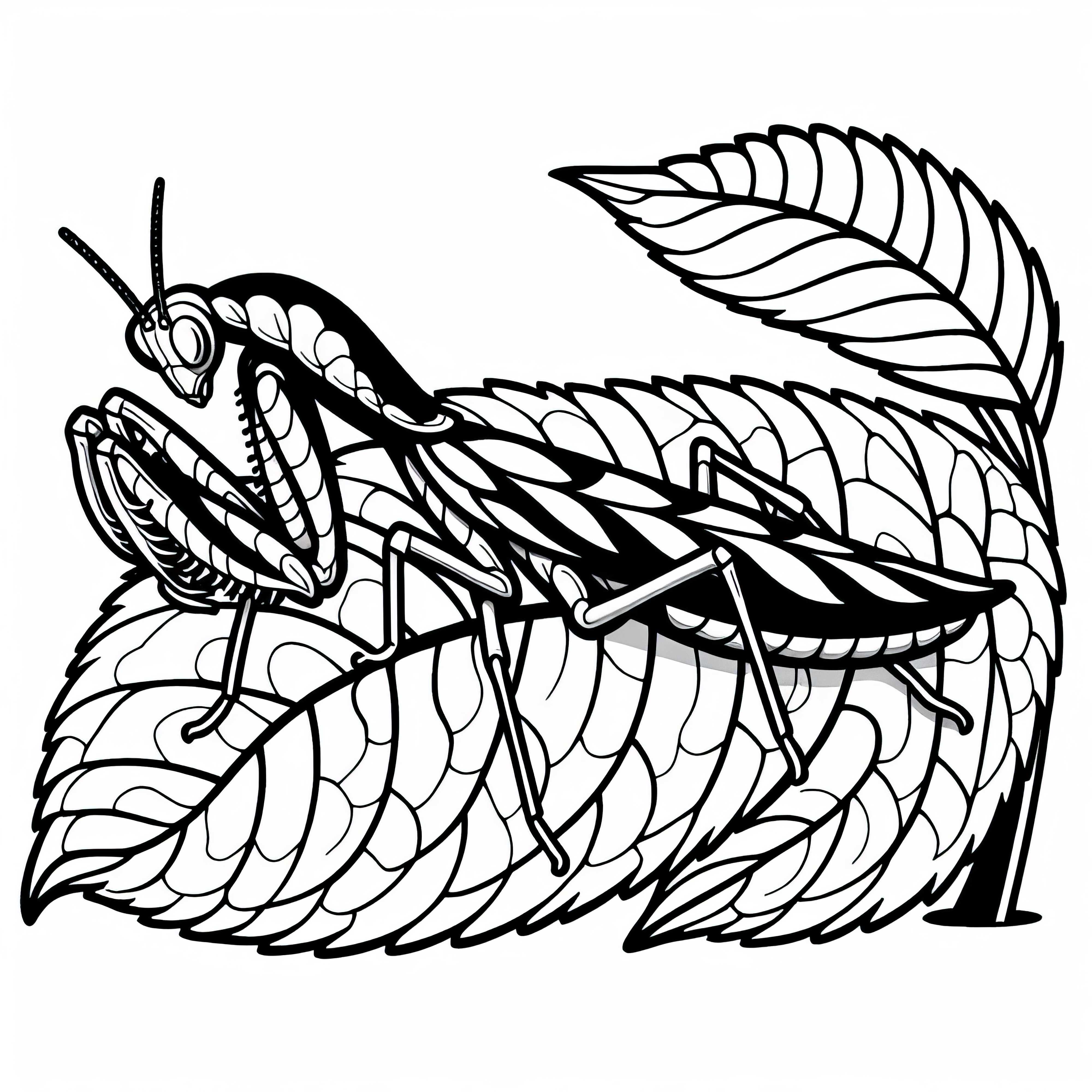 Louva-a-deus est&aacute; sentada em uma folha e se camufla - Modelo de colorir gratuito