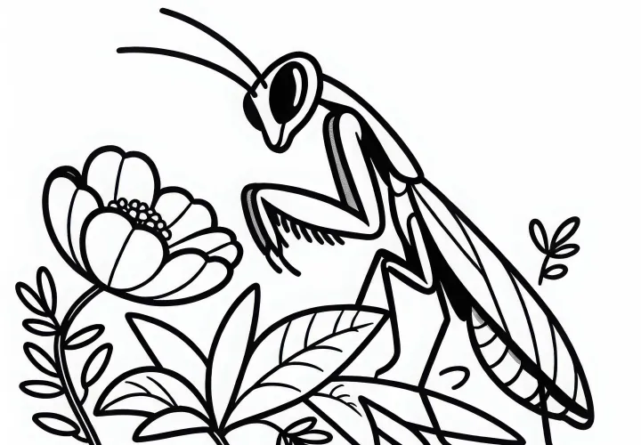 Isteniteleketek virágon ül és kíváncsian nézelődik - Ingyenesen letölthető színező kép