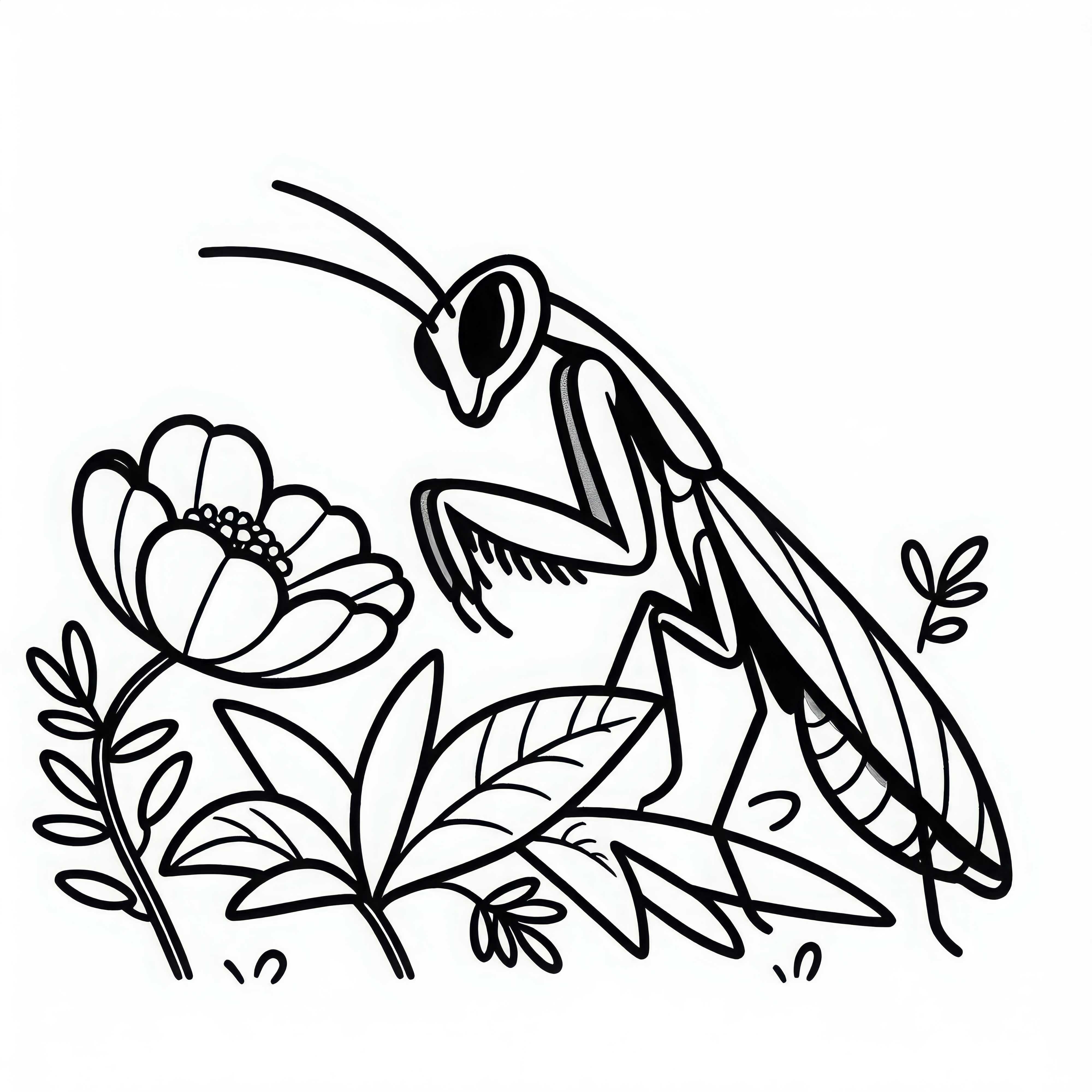 Louva-a-Deus sentado em flor e olhando curiosamente ao redor &ndash; Baixe a imagem para colorir gratuitamente