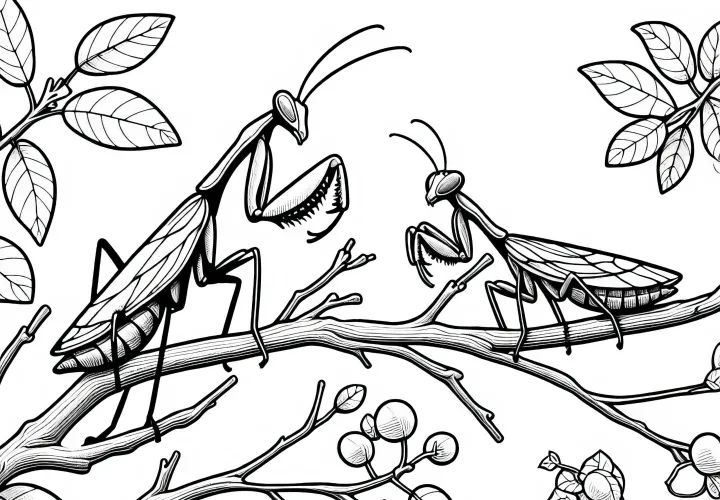 Két imádkozósáska találkozik egy ágon - Ingyenes színezőlap