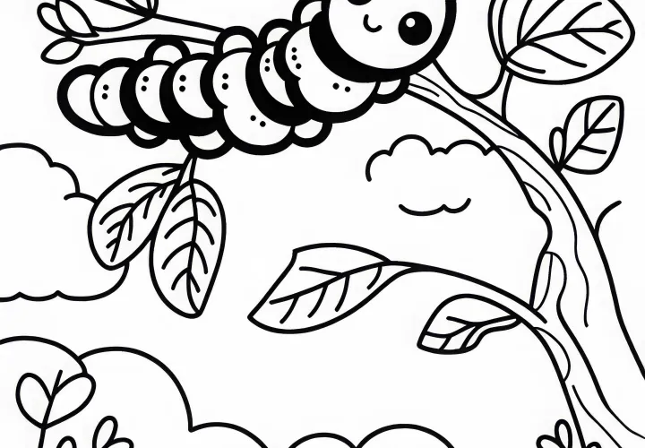 Liten larv hänger i en gren: Målarbild att ladda ner (Gratis)