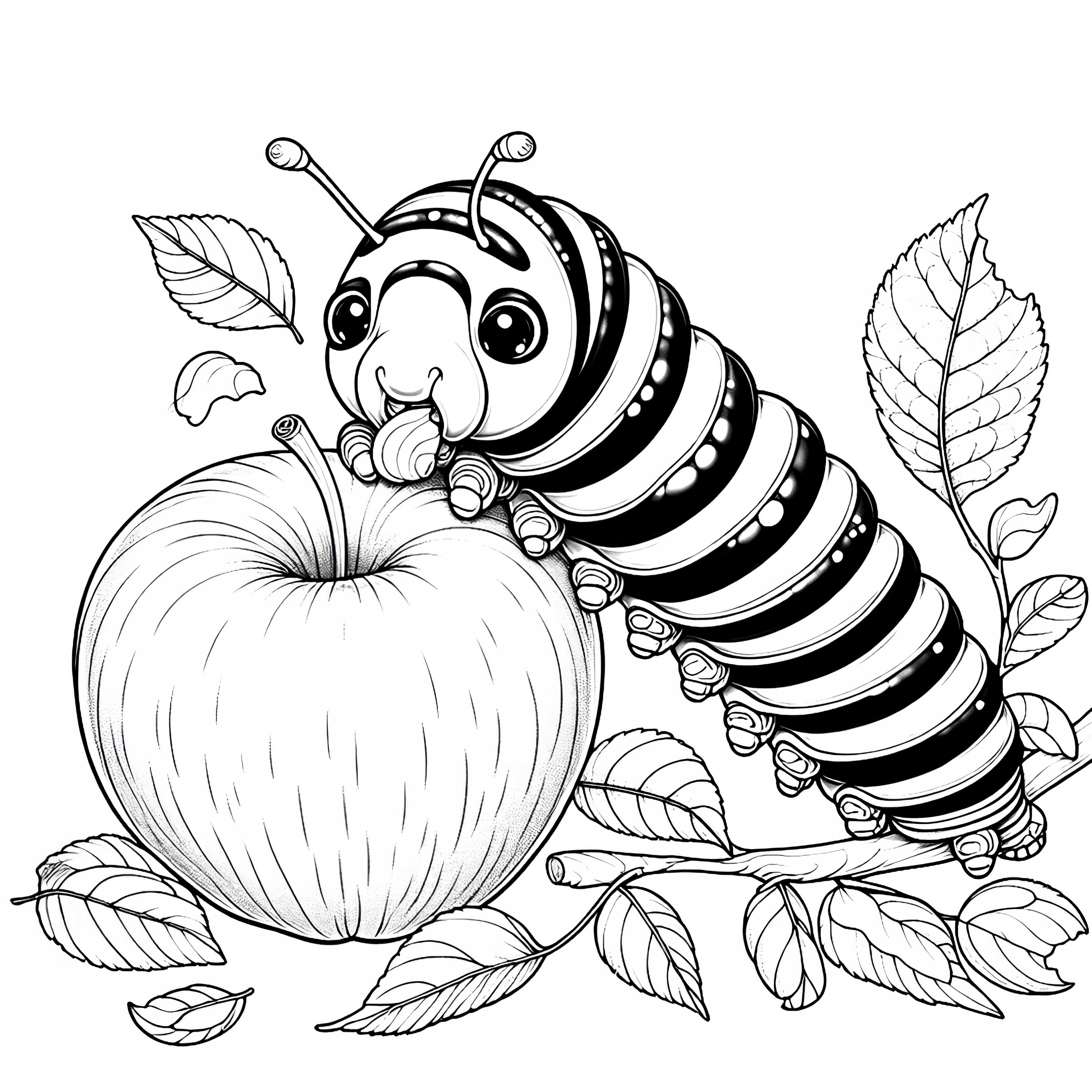 Chenille rayée mange une pomme : Image à colorier simple pour enfants (Gratuit)