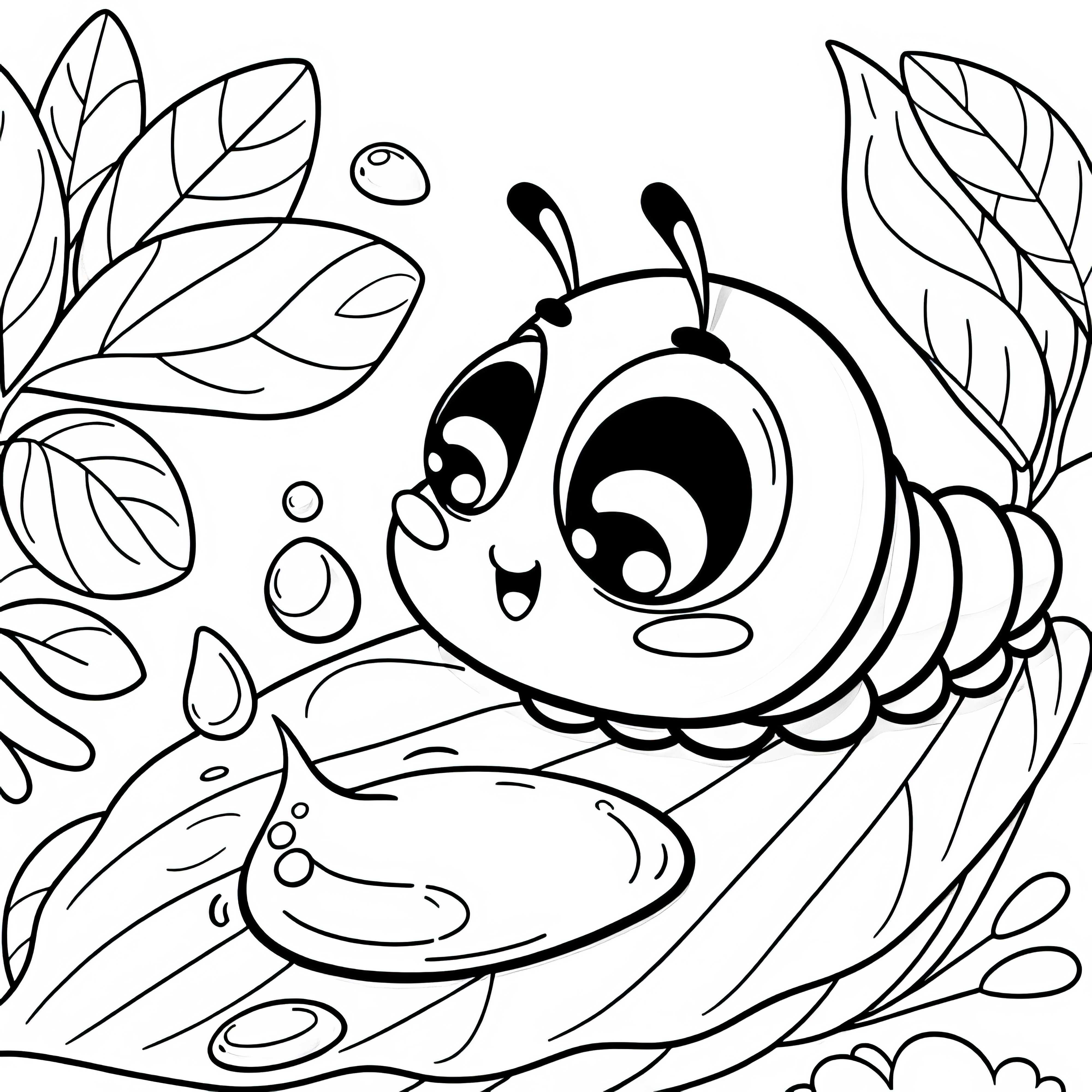 Chenille regarde dans une goutte d'eau sur une feuille : Dessin à colorier gratuit