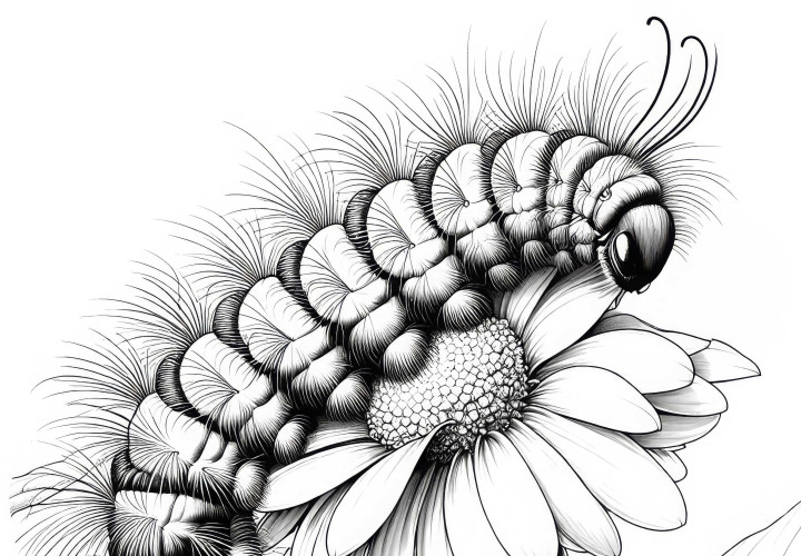 Chenille aux poils doux grimpe sur une fleur : Image à colorier à télécharger (Gratuit) Chenille avec des poils doux rampe sur une fleur : image à colorier à télécharger (Gratuit)