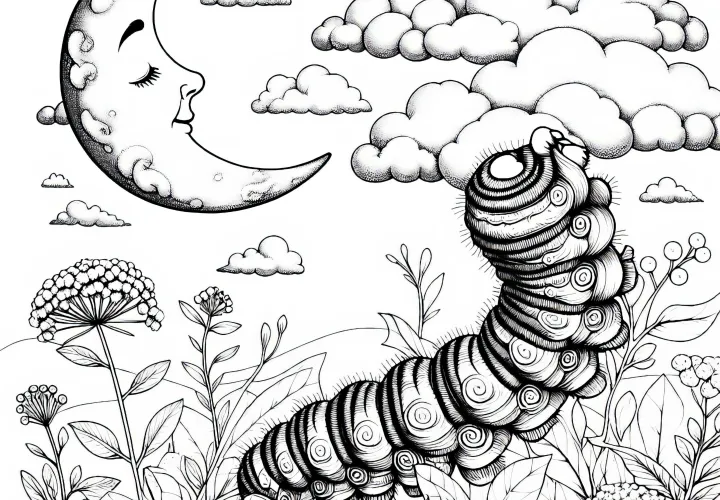 Liten larv med månen på himlen: Målarbild att ladda ner (Gratis)