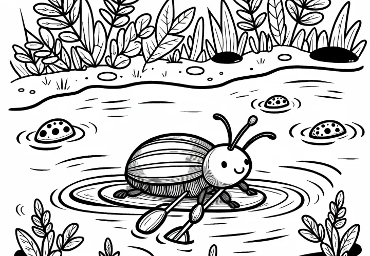 vodni hrošč vesla po majhnem ribniku: Brezplačna risanka za obarvanje