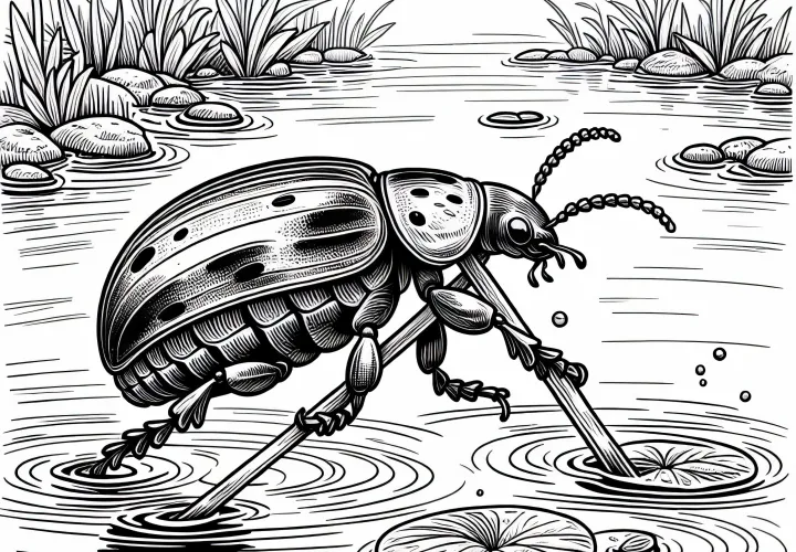 Vodna hrošč prečka ribnik na stebrih: slika za barvanje za prenos (brezplačno)