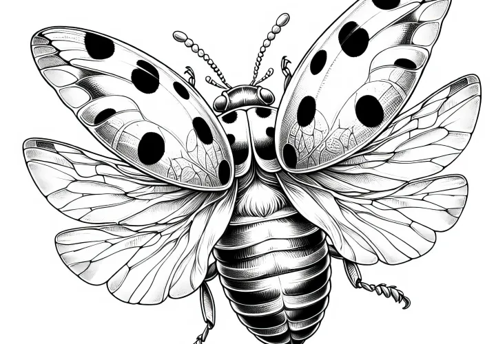 Marička z odprtimi krili se pripravlja na let: Podrobna risba za barvanje (Brezplačno)