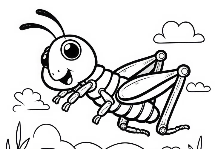 Grilo salta sobre o campo: Modelo para colorir para download (Grátis)