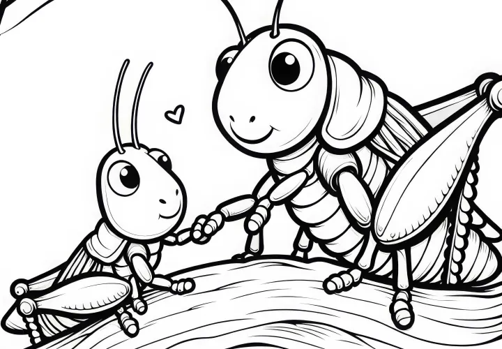 Dois gafanhotos em tronco de árvore: Desenho para colorir para download (Grátis)