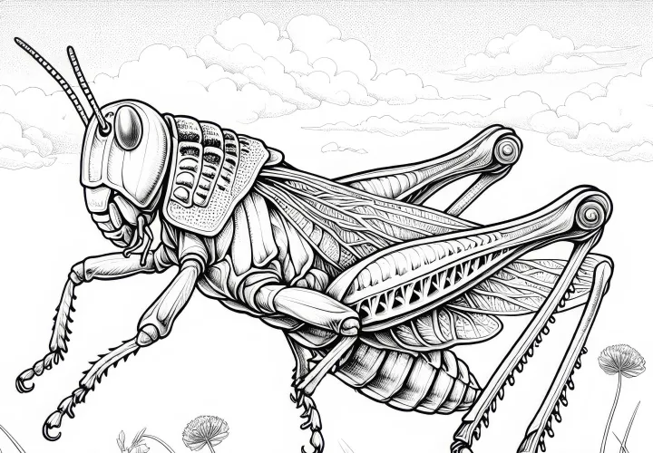 Gafanhoto salta sobre a relva: Desenho detalhado para colorir (Grátis)