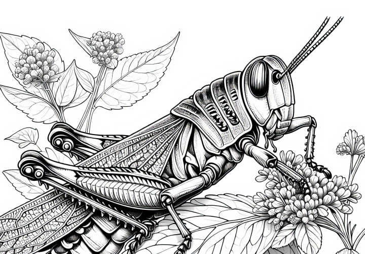 Græshoppe bider i blad: Malebillede til download (Gratis)
