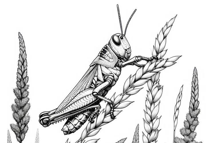 Gafanhoto sentado em um talo de grama olhando para o horizonte: Imagem para colorir para download (Grátis)