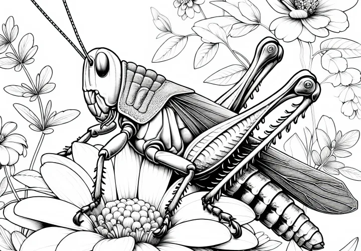 Gafanhoto sentado em flor: Desenho para colorir detalhado (Gratuito)