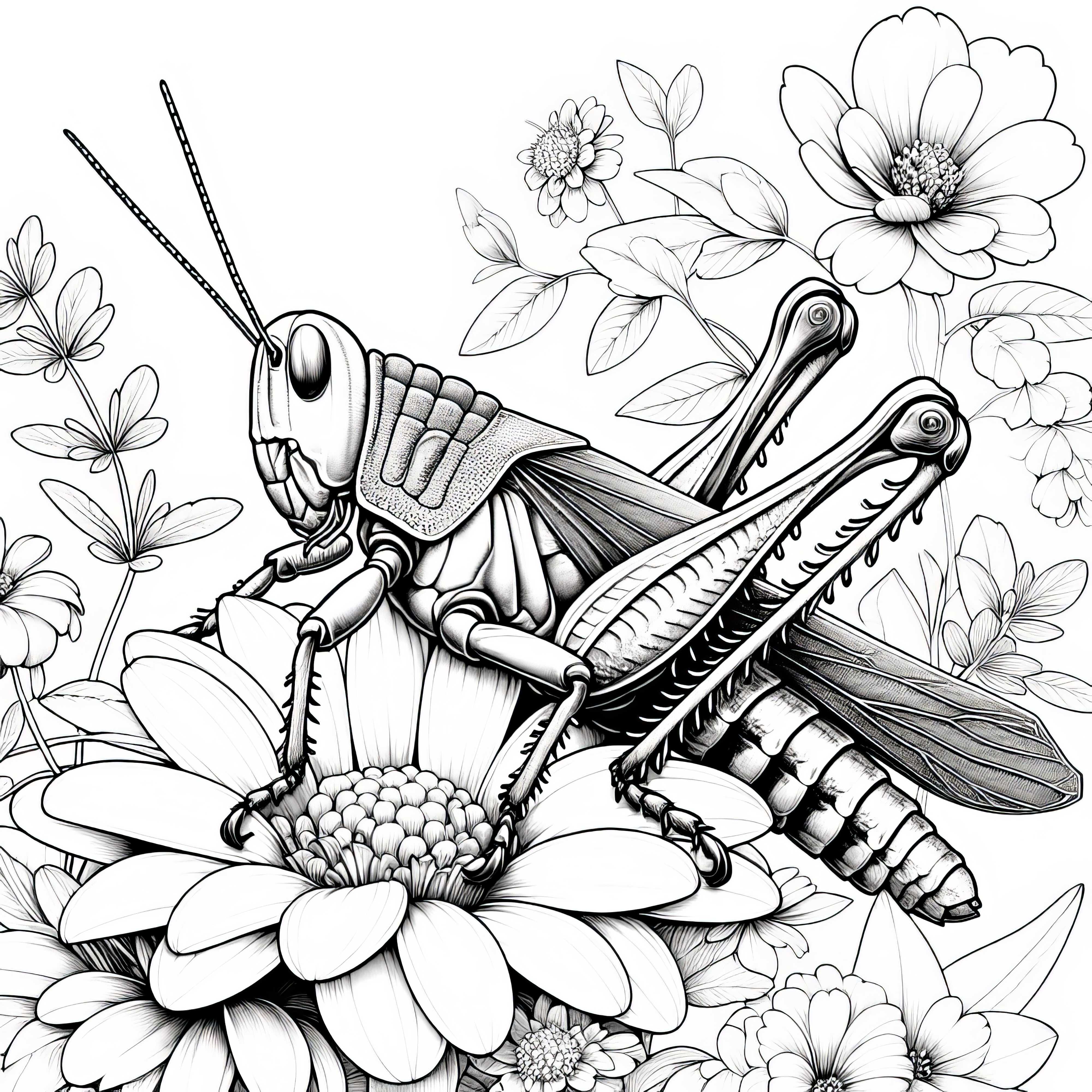 Græshoppe sidder på blomst: Detaljeret farvelægningsbillede (Gratis) Græshoppe sidder på blomst: Detaljeret malebillede (Gratis)