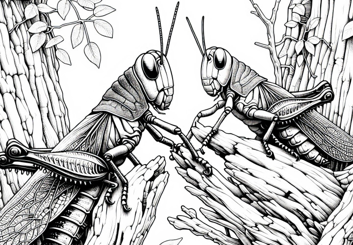 To grupper af græshopper sidder på en træstamme: Malerskabelon til download (Gratis)